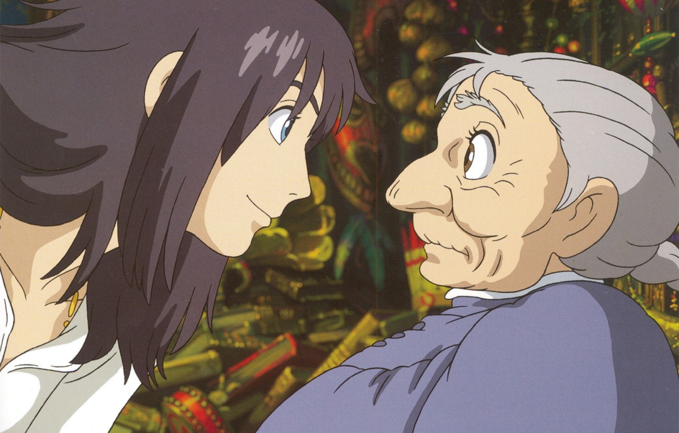 Photo Wallpaper Surprise, Profile, Two, Old, Art, Howl - Old Woman Studio Ghibli - HD Wallpaper 
