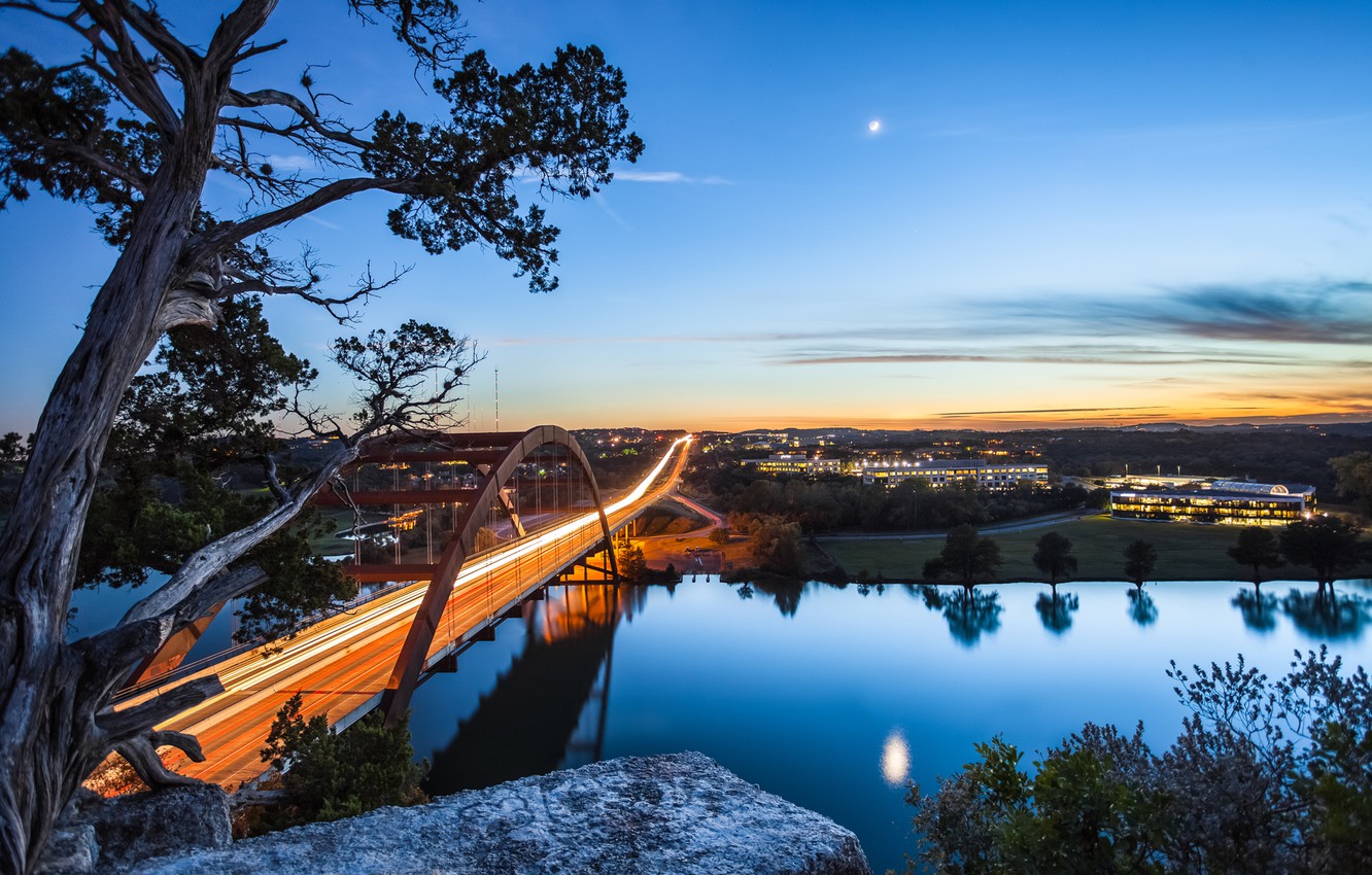Photo Wallpaper Bridge, The City, Lights, River, The - Pennybacker Bridge - HD Wallpaper 