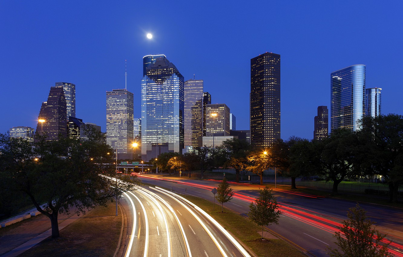 Photo Wallpaper Road, Trees, Lights, Building, Home, - Dallas Houston - HD Wallpaper 