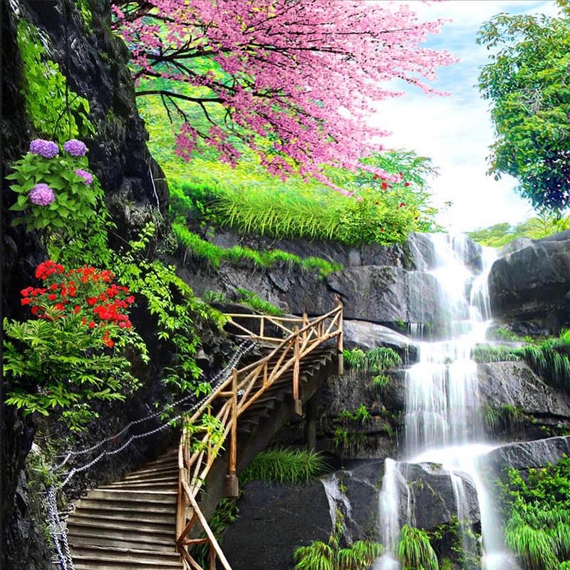 Waterfall With Cherry Blossoms - HD Wallpaper 