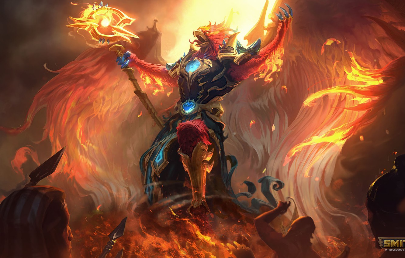 Photo Wallpaper Fire, Wings, Art, God, Phoenix, Smite - Phoenix Ra Smite - HD Wallpaper 