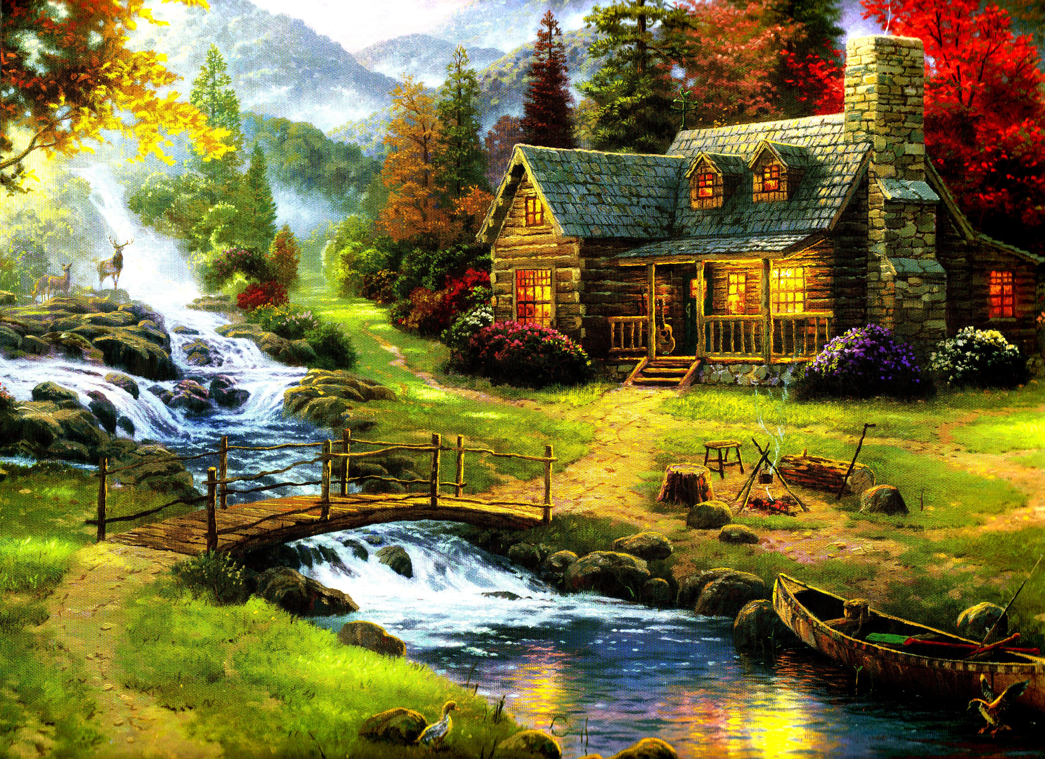 Thomas Kinkade Painting Nature Forest Home High Contrast - Nature Home Wallpaper Hd - HD Wallpaper 