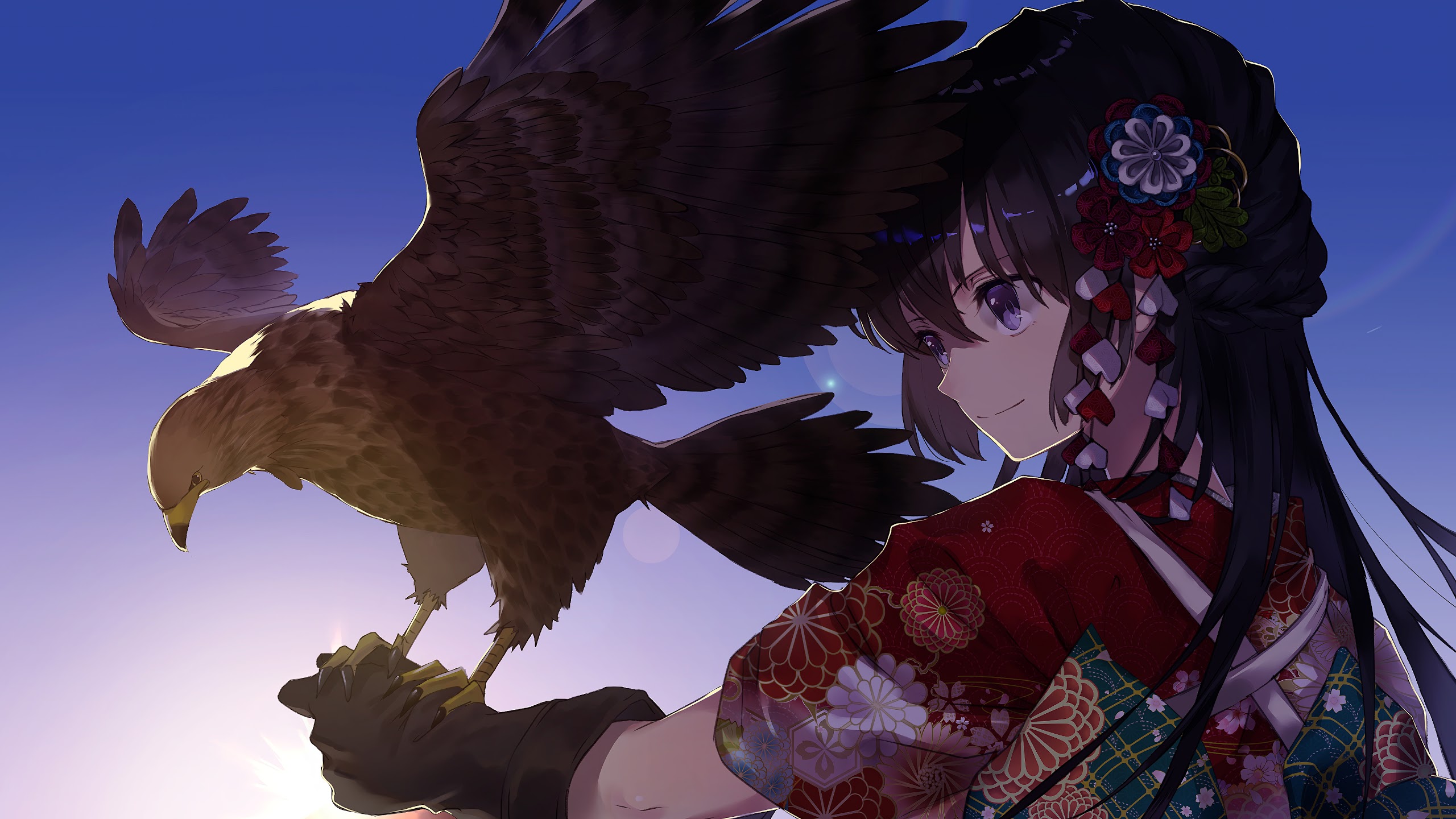 Anime, Girl, Bird, Falcon, Animal, 4k, - Anime Girl With Bird - HD Wallpaper 