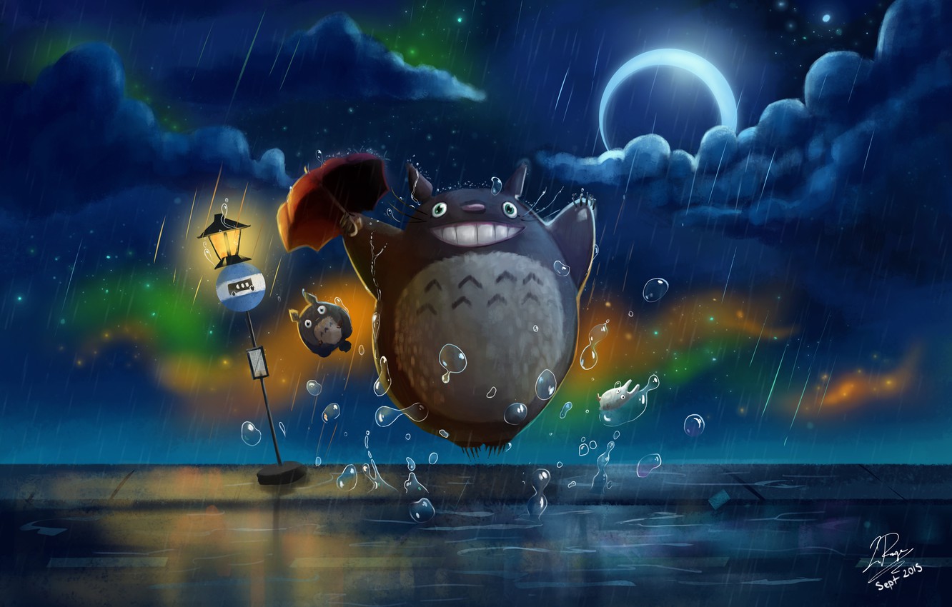 Photo Wallpaper Night, Rain, Umbrella, Road Sign, Totoro, - Totoro Wallpaper Night - HD Wallpaper 