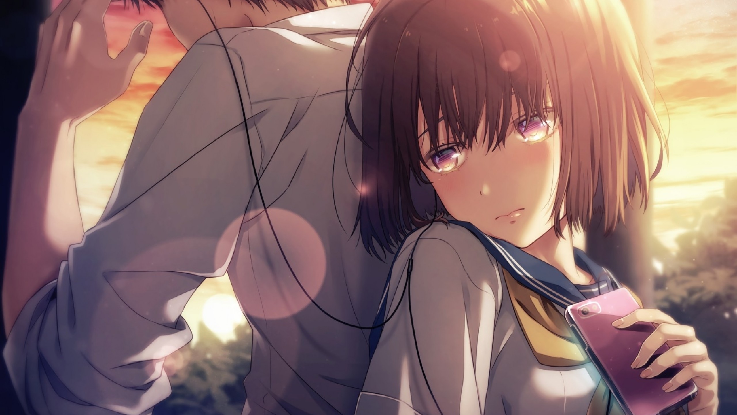 Anime Couple, Cute, School Uniform, Music, Short Hair, - HD Wallpaper 