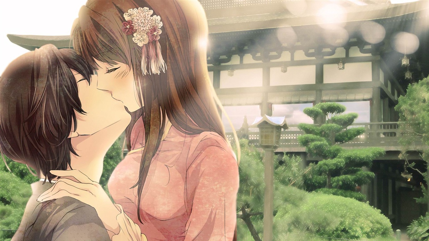 Anime Couple Kissing Collection Picture Desktop Wallpaper - Cute Animated Couple Kiss - HD Wallpaper 