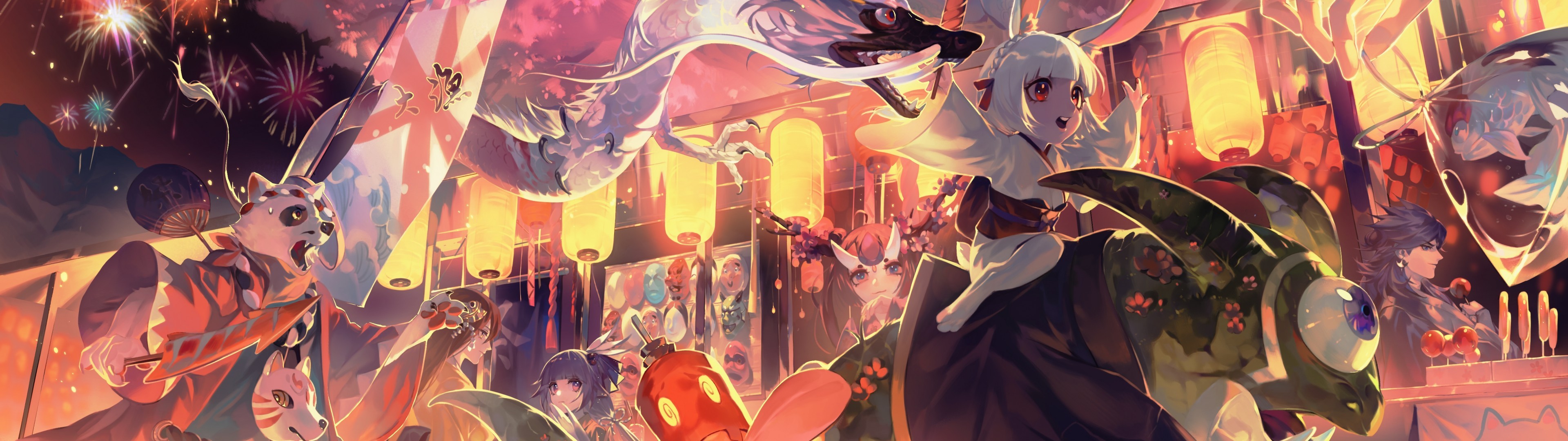 Onmyouji, Fantasy World, Anime Girl, Dragon, Monsters, - Anime Fantasy World Mountain - HD Wallpaper 
