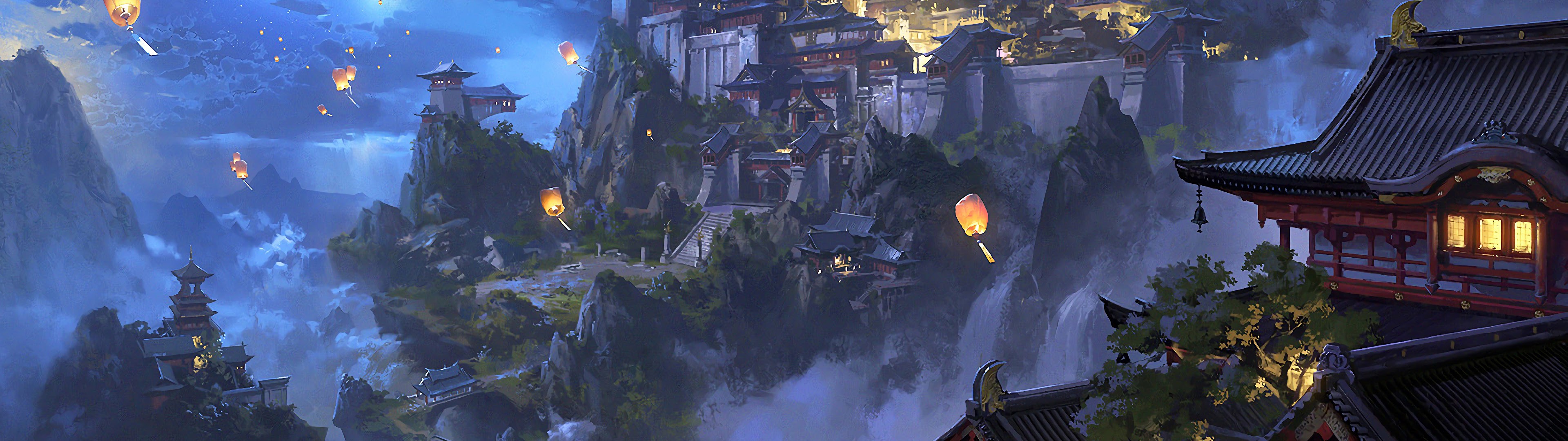 Anime, Sky Lantern, Mountain, Japanese, Castle, Night, - Kongming Lantern By Ling Xiang - HD Wallpaper 