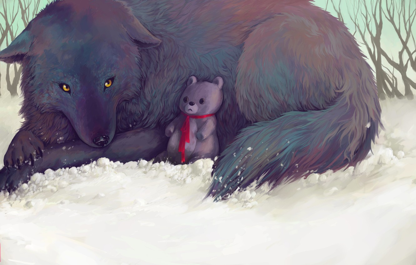 Photo Wallpaper Winter, Snow, Nature, Wolf, Teddy Bear, - Wolf Sad - HD Wallpaper 