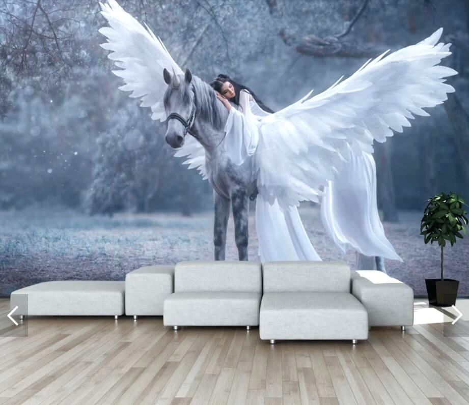 Bedroom Wallpaper Murals Us Off Forest Wing Horse Girl - Greek Mythology Pegasus - HD Wallpaper 