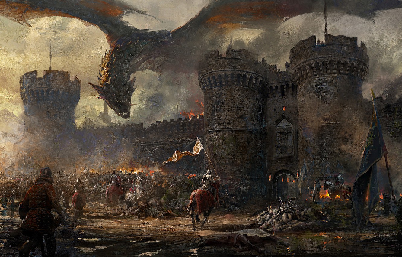 Photo Wallpaper Fire, Wall, Fantasy, Dragon, Soldiers, - Grzegorz Rutkowski - HD Wallpaper 