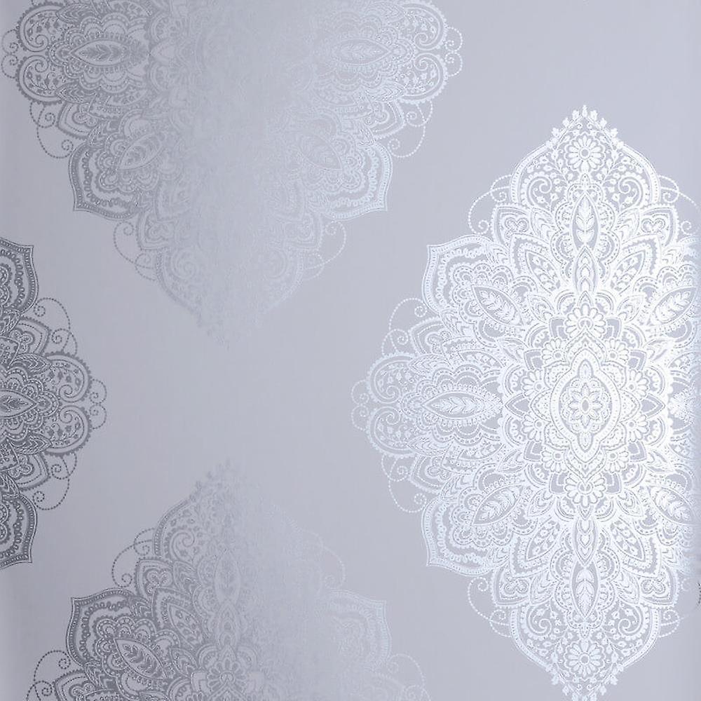 Arthouse Henna Grey Silver Damask Wallpaper Metallic Doily