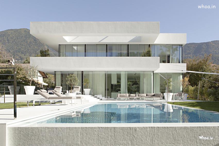 White Luxurious House With Swimming Pool Hd Wallpaper - Free Architecture House Design - HD Wallpaper 