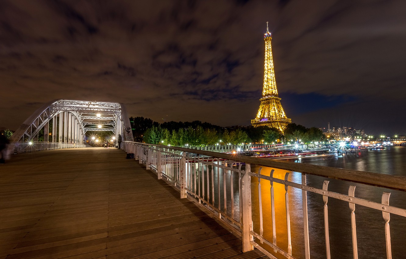 Photo Wallpaper Night, Bridge, Lights, River, France, - Eiffel Tower - HD Wallpaper 
