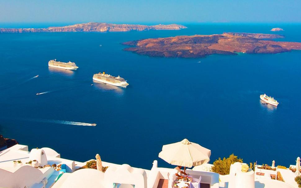 Santorini Greece View Panorama Sea Ships Free Desktop - Desktop Wallpaper Santorini Greece Views - HD Wallpaper 