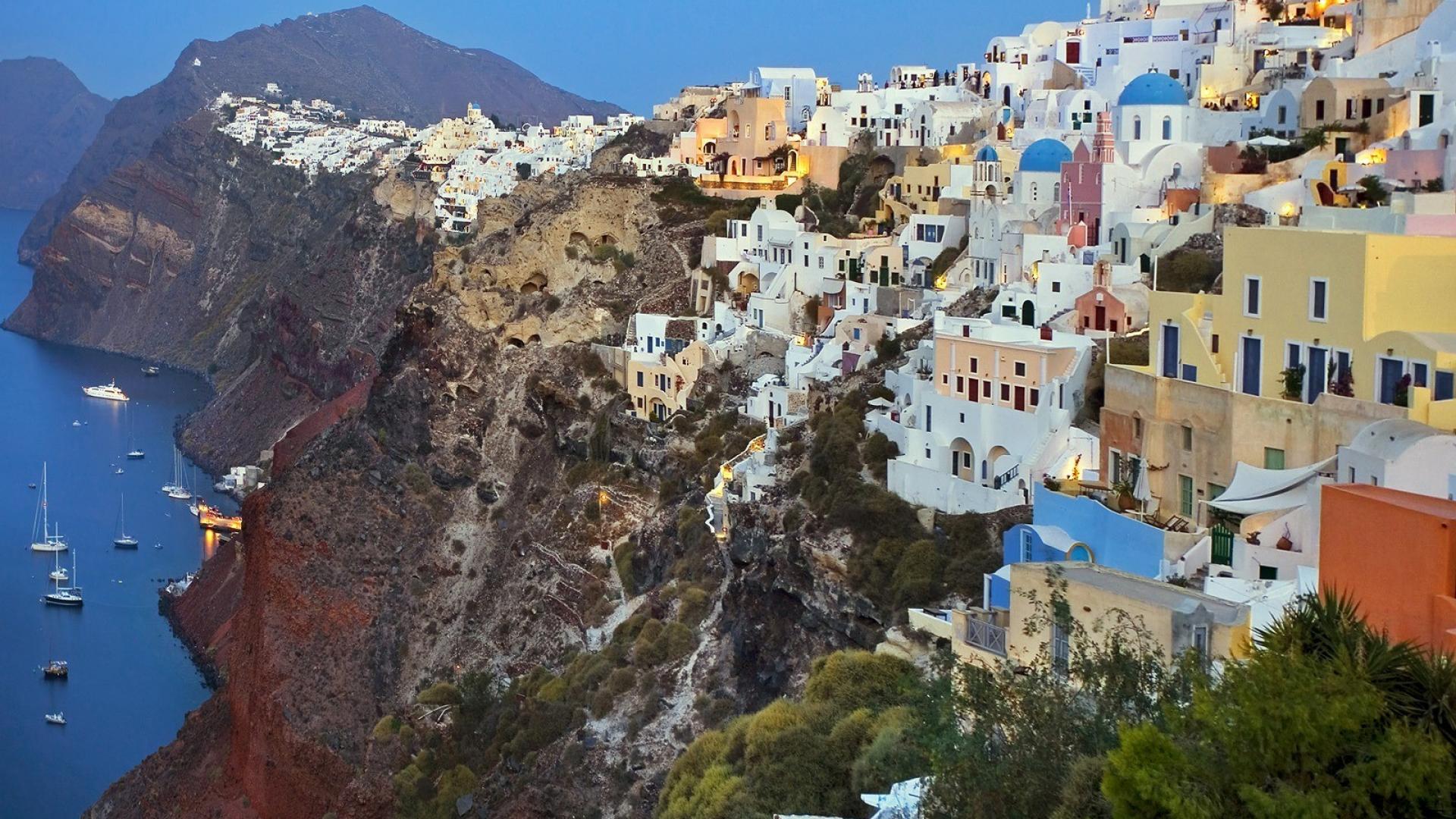 Landscape Santorini Greece Hd Wallpapers Download Free - Mountain Village - HD Wallpaper 