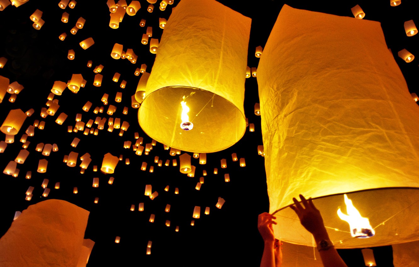 Photo Wallpaper The Sky, Night, Lights, Thailand, Lanterns, - Loy Krathong - HD Wallpaper 