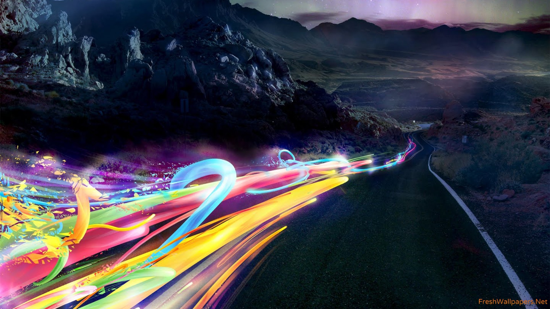 Digital Art Night Road - HD Wallpaper 