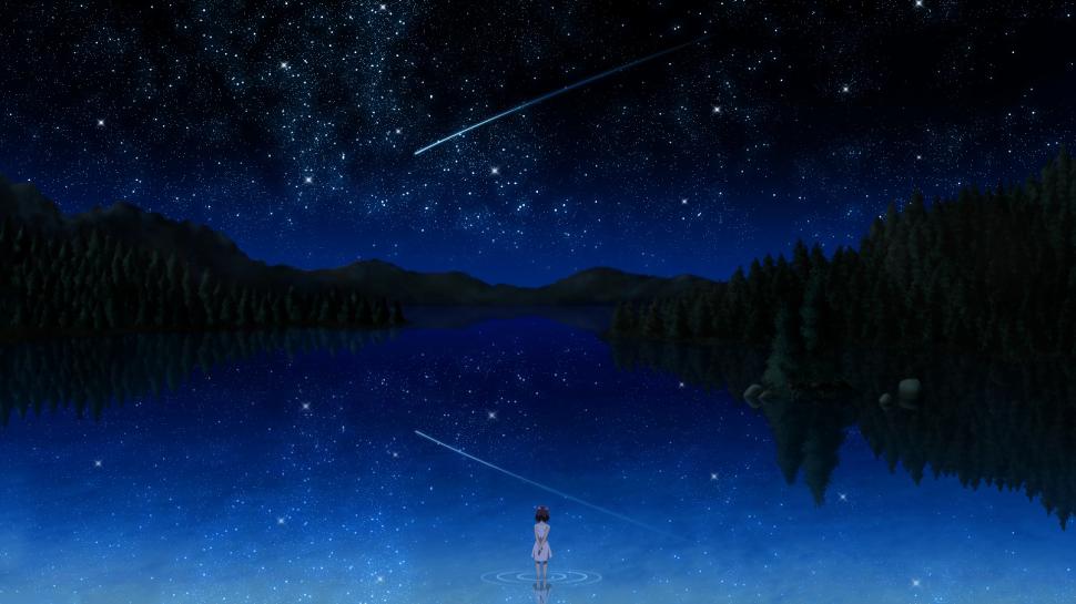 Anime Night Lake Stars Comet Asteroid Reflection Trees - Anime Background Night Sky - HD Wallpaper 
