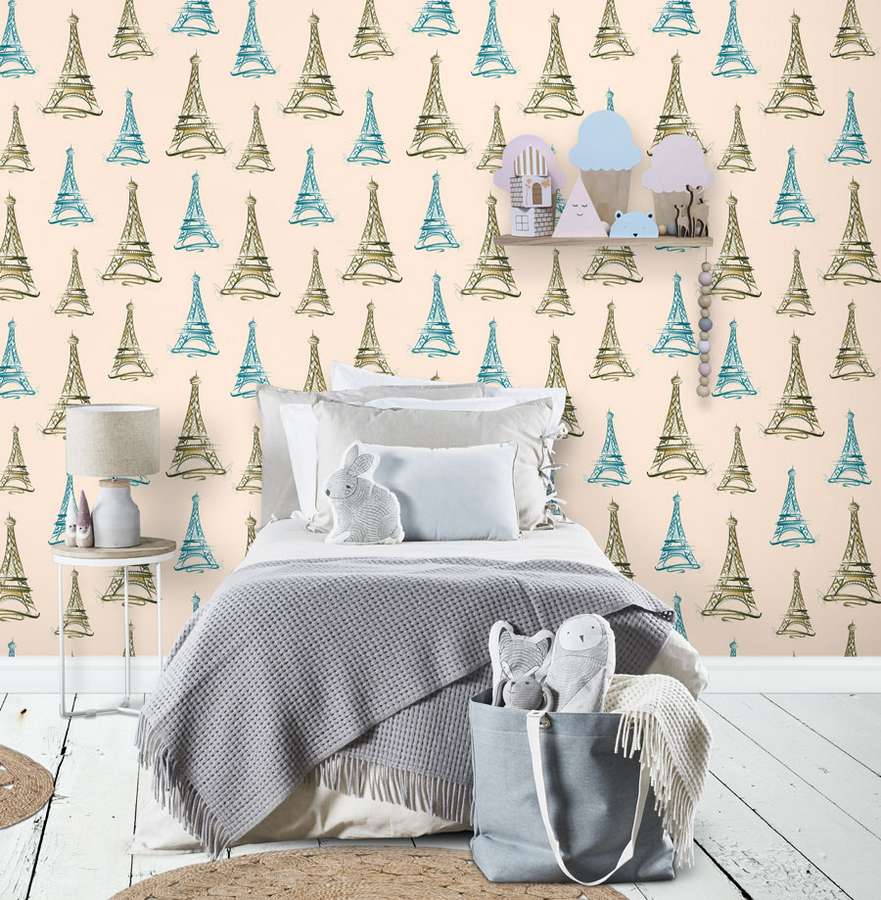 From Paris With Love Eiffel Tower Pattern Wallpaper - Licht Roze Behang Vogels - HD Wallpaper 