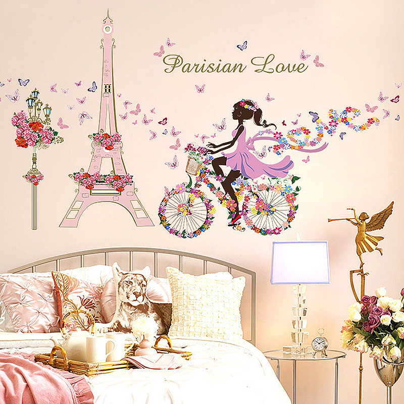 Romantic Eiffel Tower Paris Love Flower Wall Sticker - Butterfly Wall Pattern Stickers - HD Wallpaper 