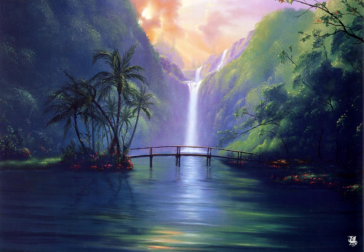 Ma Warren Reflections - Waterfall Painting Wallpaper Hd - HD Wallpaper 