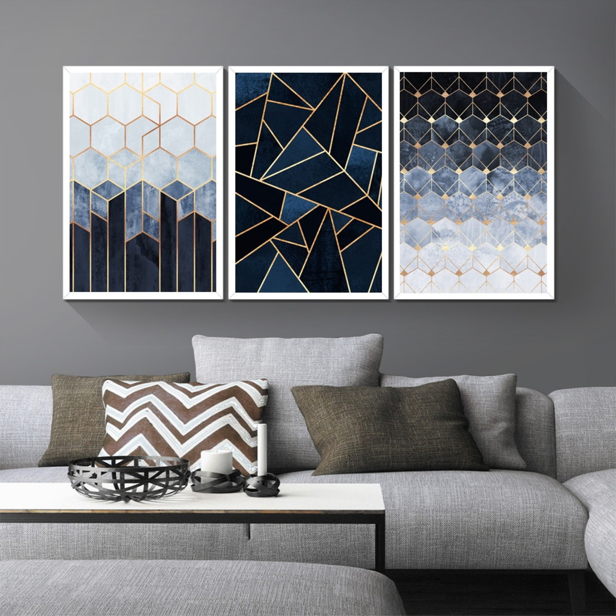 Conjunto 3 Quadros Azul Marinho Geométricos - Quadros Para Sala Geometricos - HD Wallpaper 