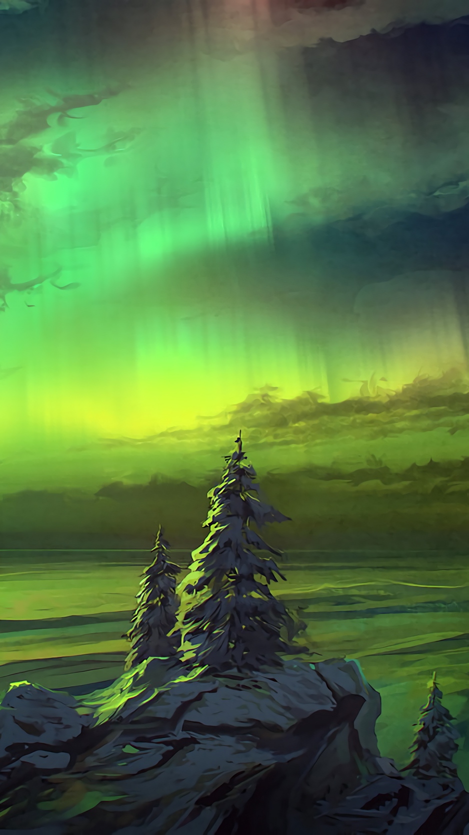 Wallpaper Northern Lights, Trees, Snowy, Art - Northern Lights Art Hd - HD Wallpaper 