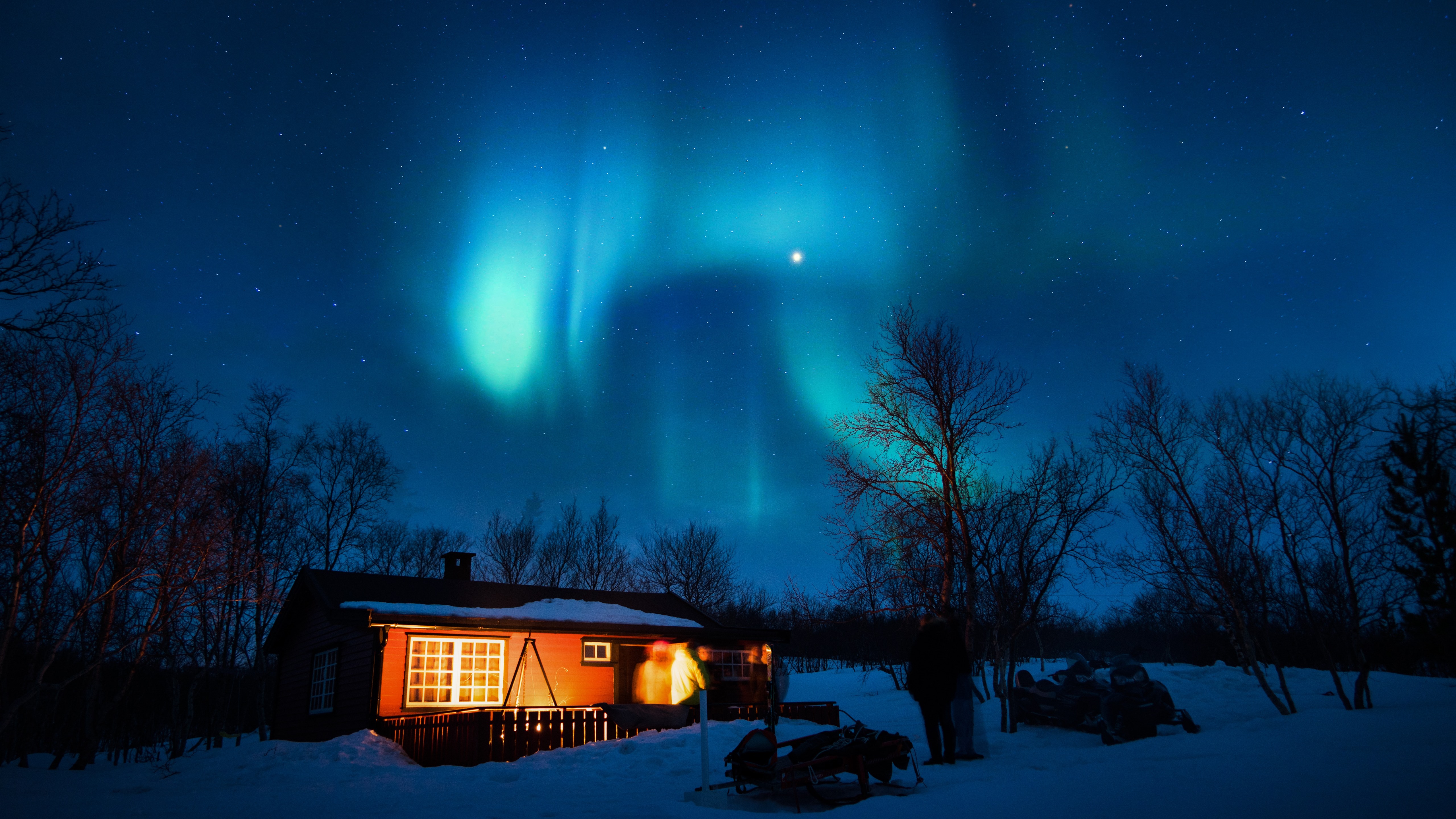Wallpaper Aurora Borealis, Starry, House, Trees, Snow, - Northern Lights Wallpaper 4k - HD Wallpaper 