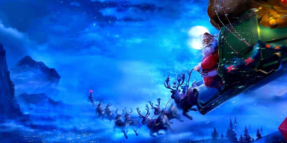 Santa Claus With Sleigh And Flying Reindeers - HD Wallpaper 