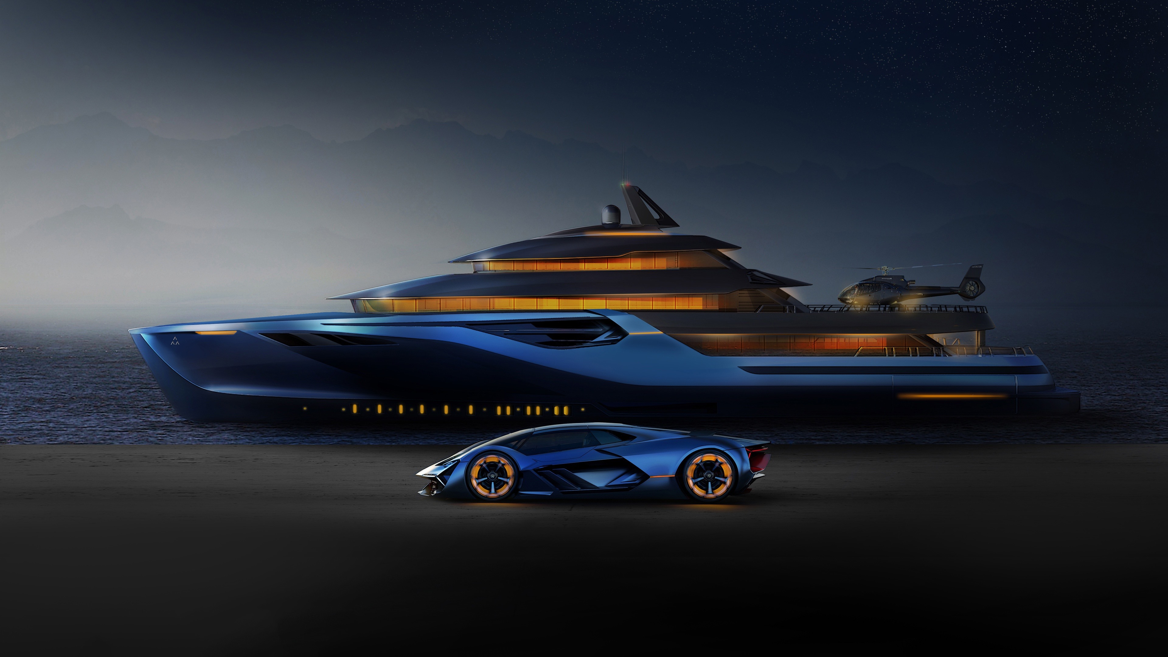 Wallpaper Blue Lamborghini, Yacht, Helicopter - Lamborghini Terzo