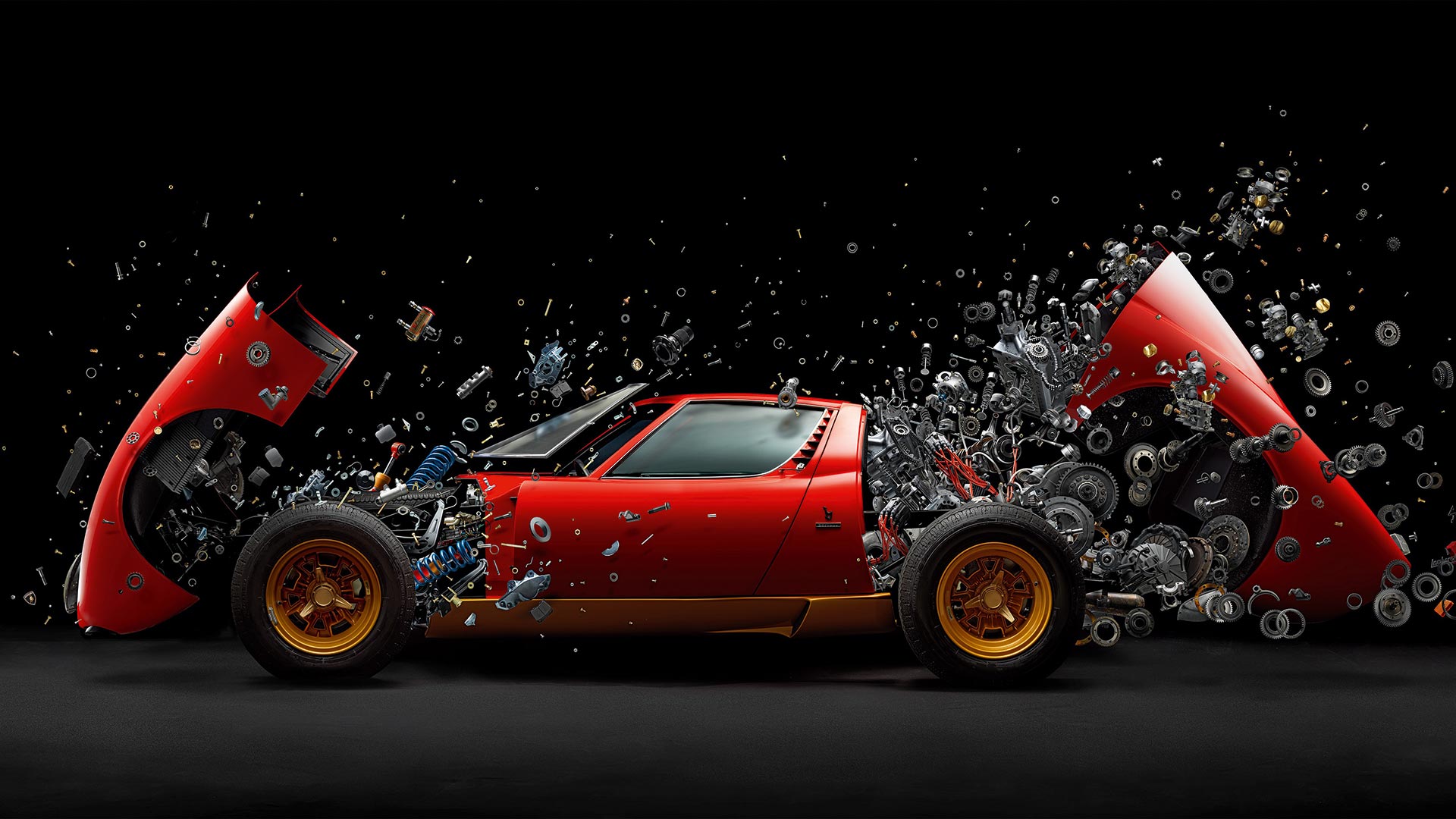 A Red Car Parked On The Side Of A Road - Disintegrating X Lamborghini Miura - HD Wallpaper 