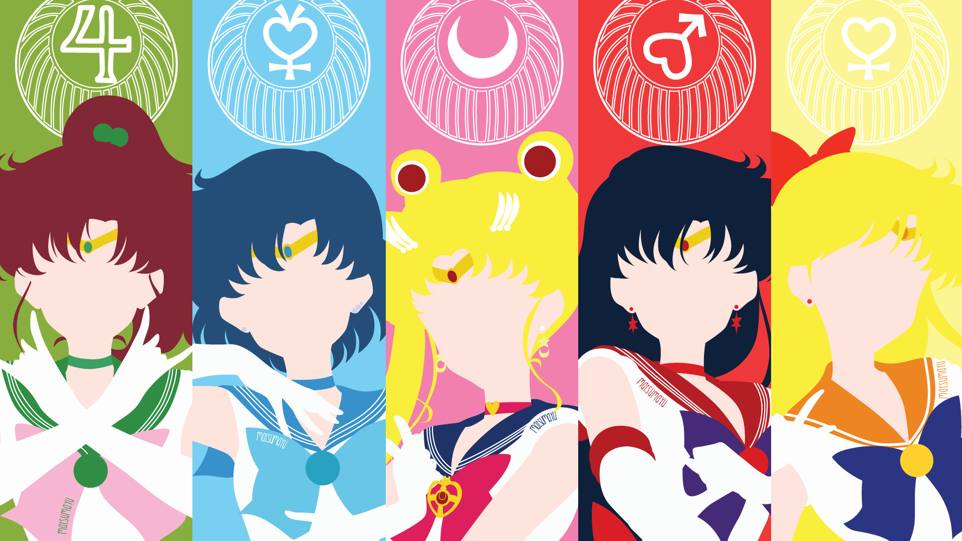 Ami Mizuno, Makoto Kino, Rei Hino, Minako Aino, Usagi - Sailor Moon Desktop Wallpaper Minimalist - HD Wallpaper 