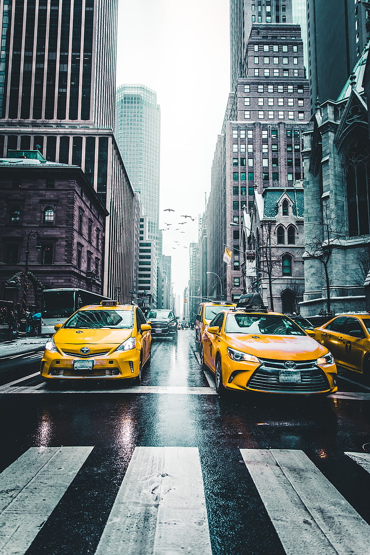 Yellow Taxi Cab, Skyscrapers, City, Traffic, Car, Street, - Street New York City Hd - HD Wallpaper 