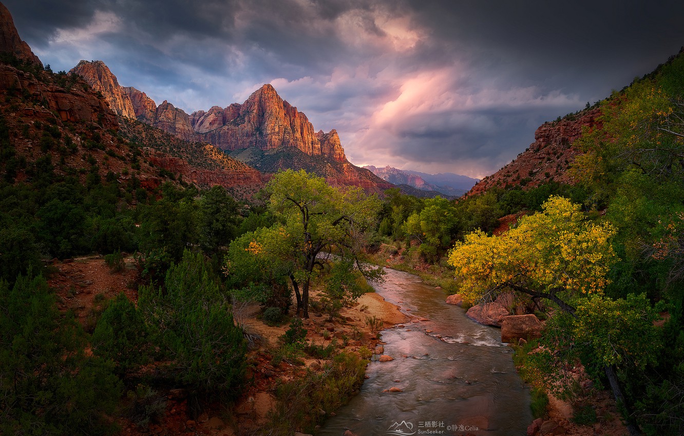 Photo Wallpaper The Sky, Clouds, Trees, Mountains, - Zion National Park - HD Wallpaper 