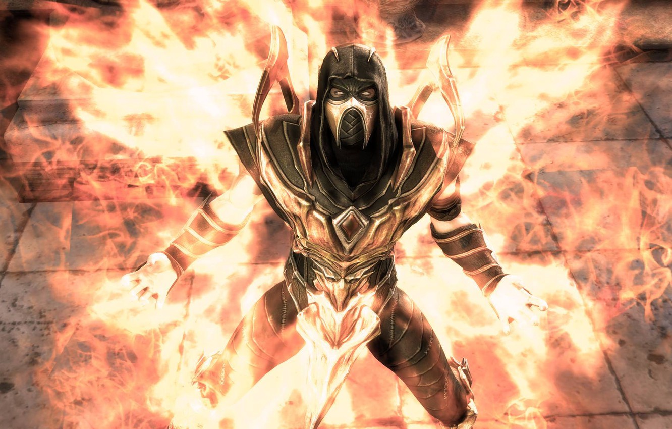 Photo Wallpaper Flame, Mortal Kombat, Scorpion, Injustice - God Scorpion Mortal Kombat - HD Wallpaper 