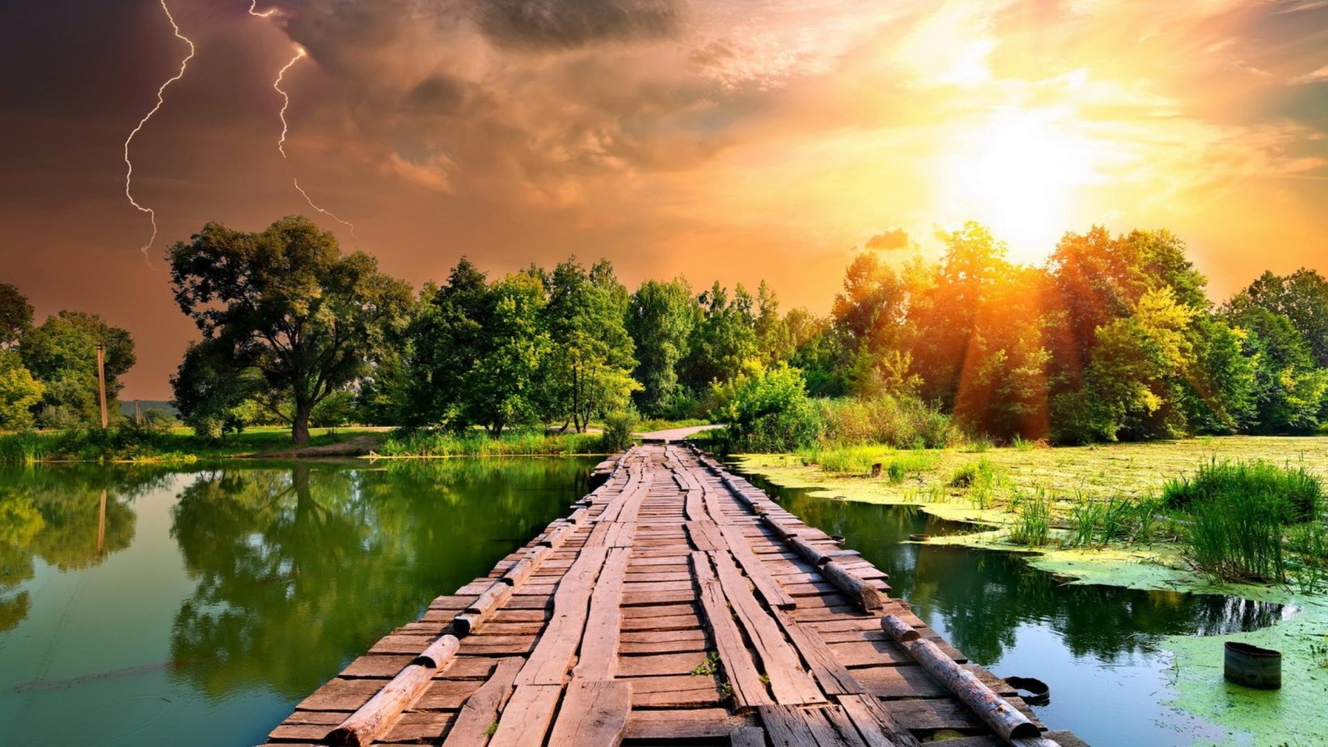 Simple Wooden Bridge Lightning Storm Sunset Lake Wood - World Best Nature Images Hd - HD Wallpaper 