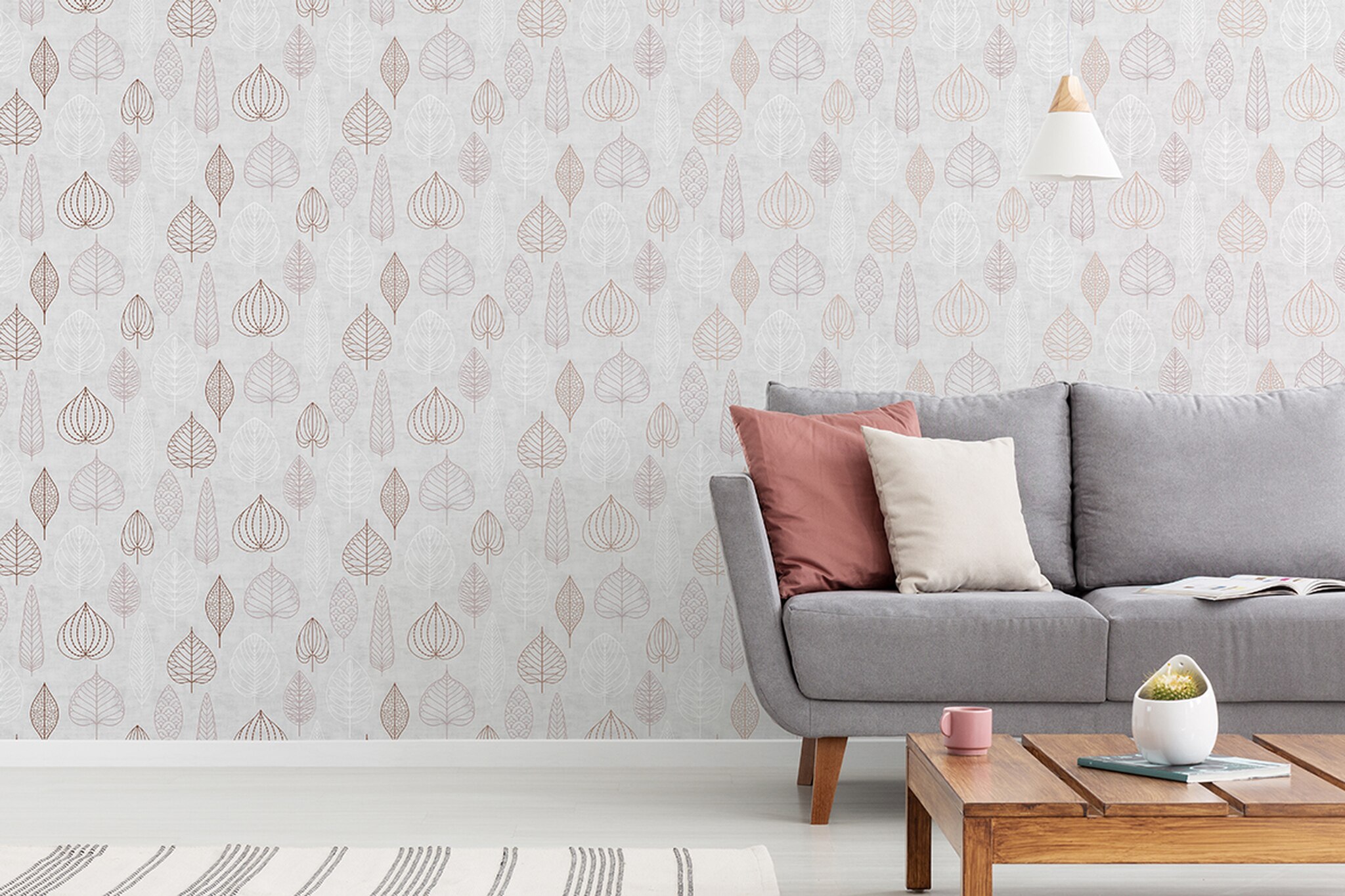 Nordic Leaf Rose Gold Wallpaper - Living Room White Wall With Green Plants - HD Wallpaper 