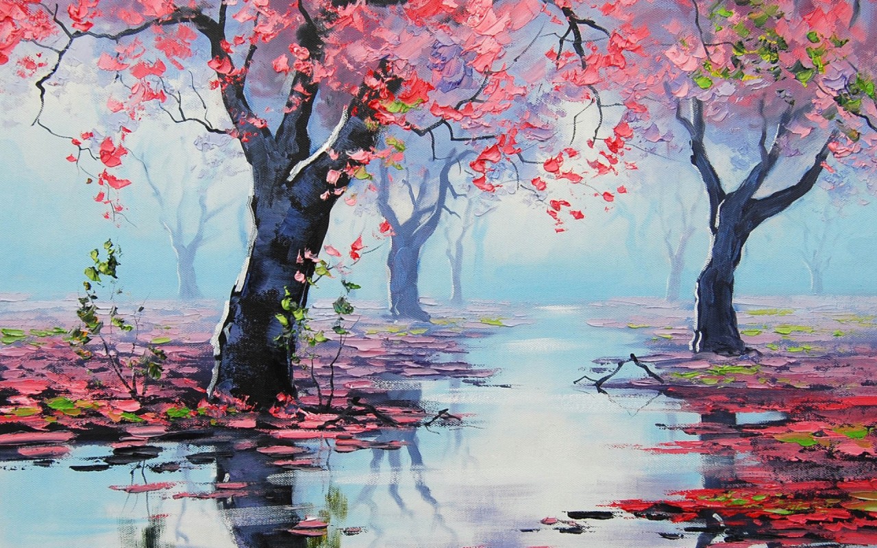 Red Trees Clear Water Leaves Wallpapers - Award Winning Landscape Paintings - HD Wallpaper 