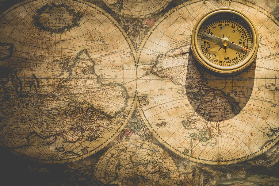 Photography Of World Map And Compass, Degrees, North, - Old Map With Compass - HD Wallpaper 