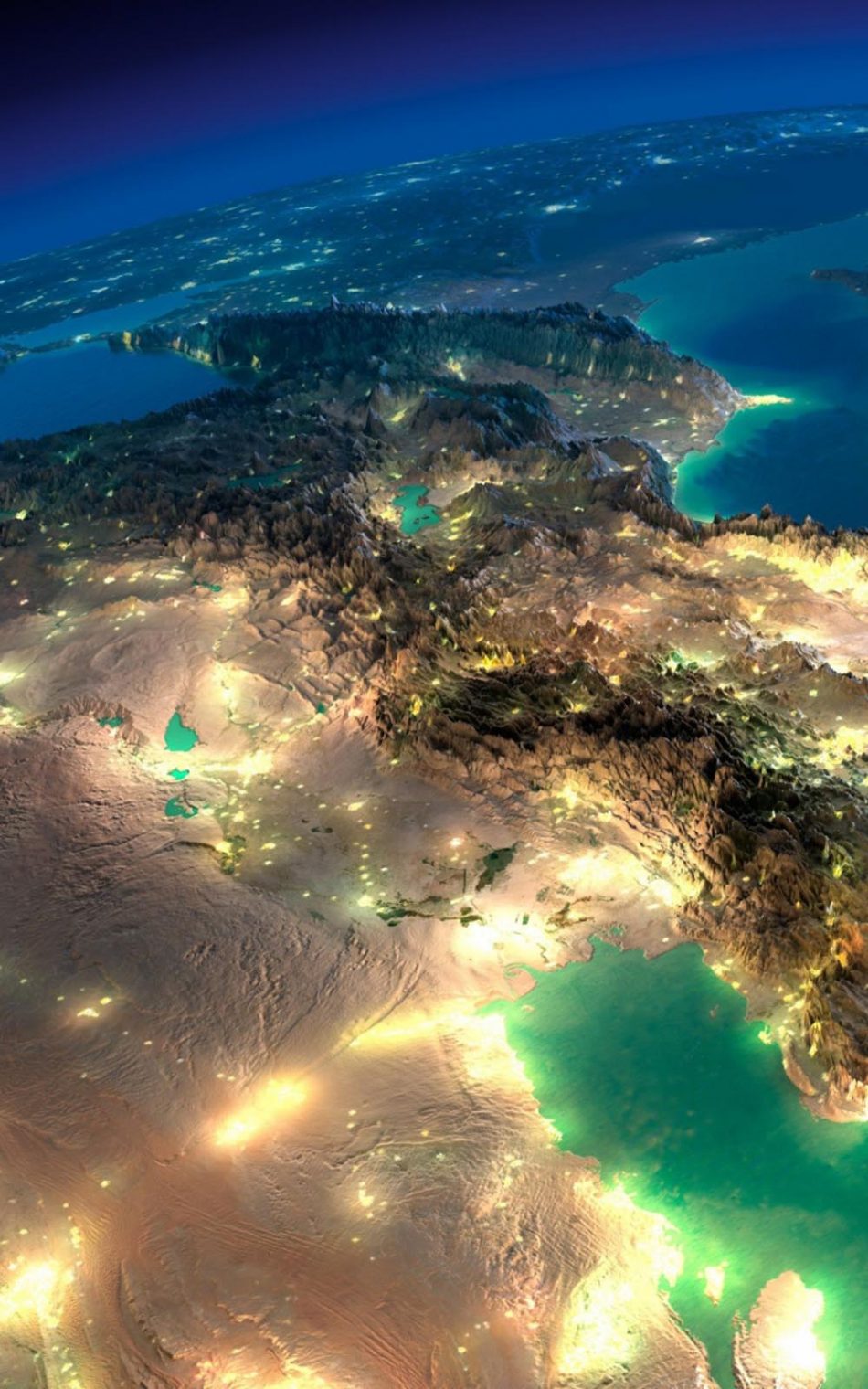 Close Satelite Image Of Earth At Night - Iran From Space At Night - HD Wallpaper 