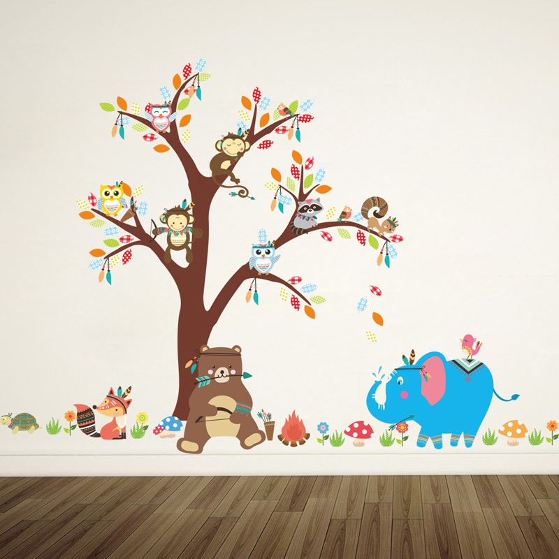 Vacclo Trees Fox Bear Diy Wall Sticker Indian Style - Quarto Com Desenho De Animais - HD Wallpaper 