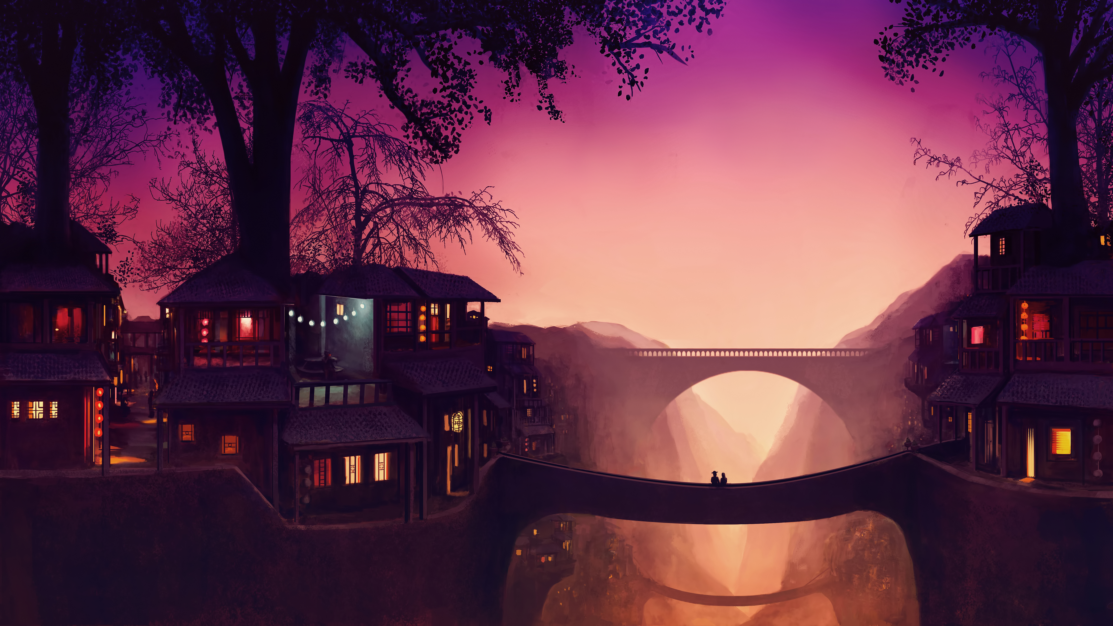Beautiful Science Fiction Couple Staning On Town Bridge - Fantasy World - HD Wallpaper 