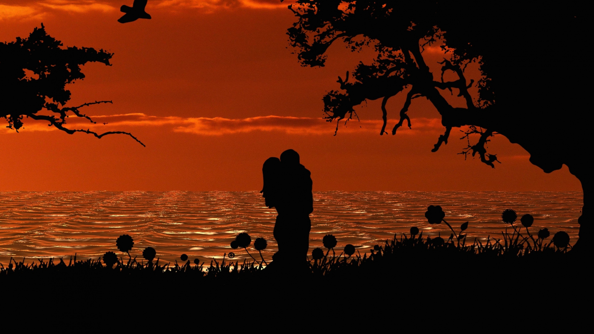 Romantic, Couple, Silhouette, Sunset, Art, Wallpaper - HD Wallpaper 