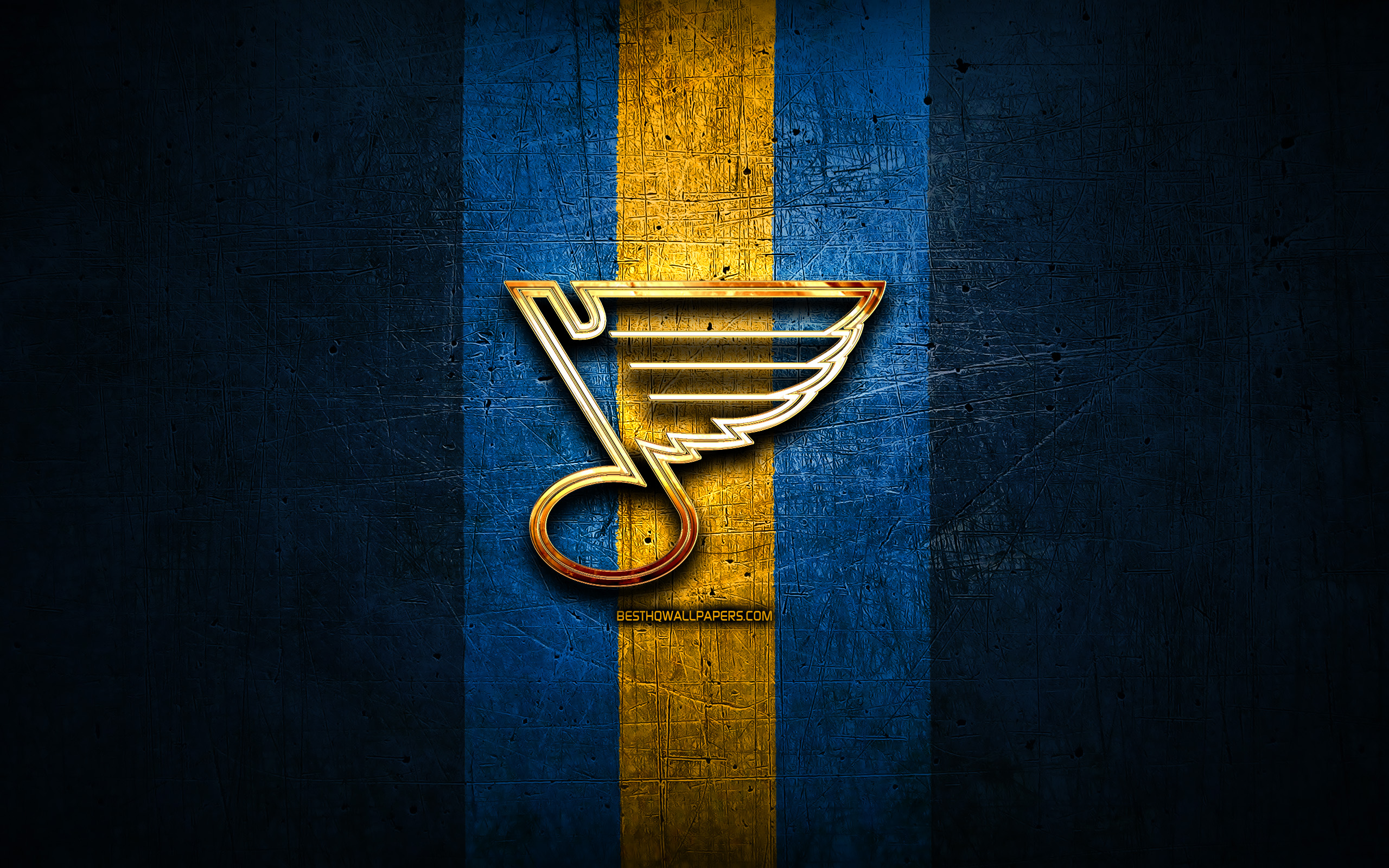 St Louis Blues, Golden Logo, Nhl, Blue Metal Background, - St Louis Blues Logo Hd - HD Wallpaper 