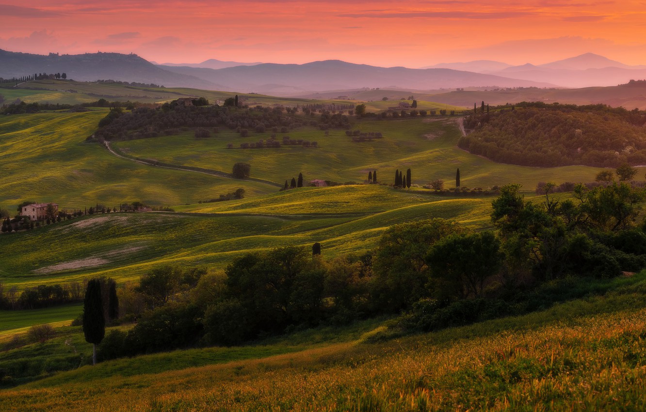 Photo Wallpaper Summer, Trees, Sunset, Mountains, Fog, - Горы Лето Закат - HD Wallpaper 