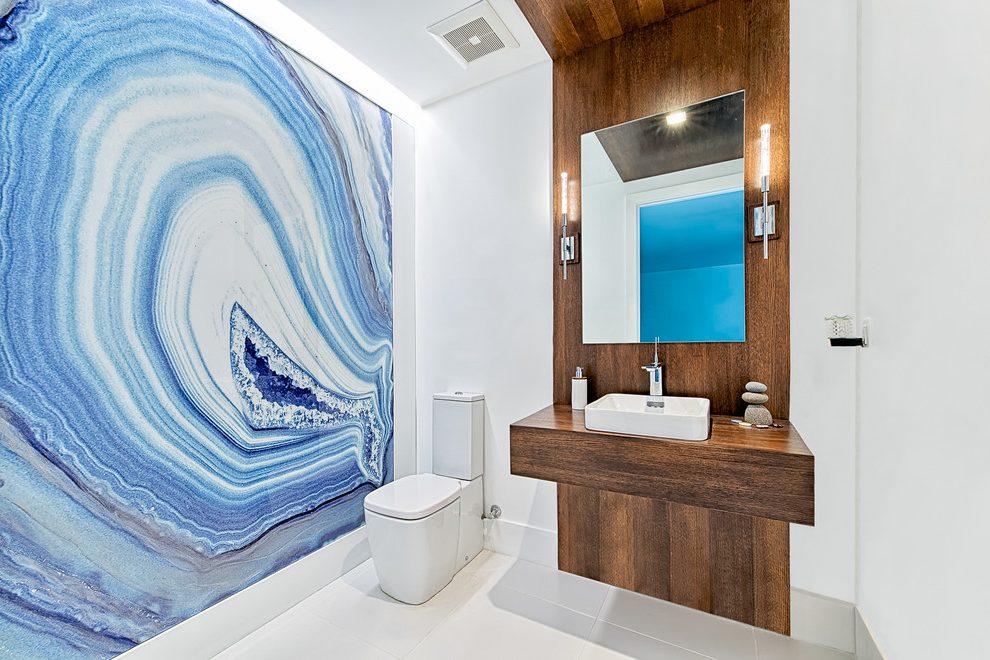 Miami Tiffany Blue Wall With Chrome Bathroom Sink Faucets - Blue Stone Bathroom Wall - HD Wallpaper 