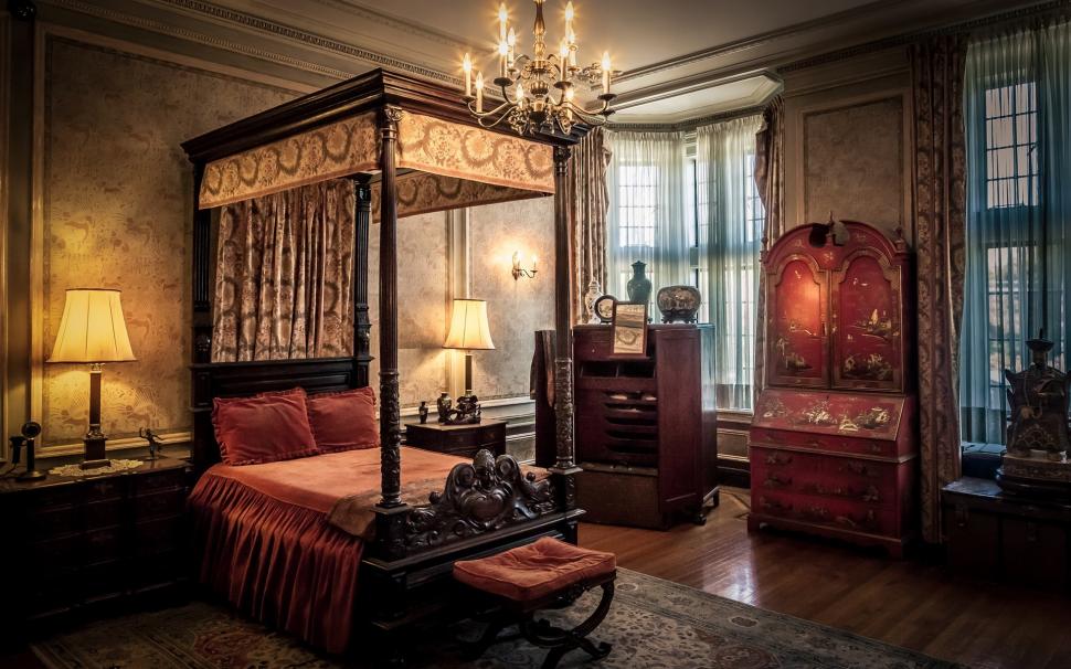 Retro Style, Bedroom, Chandelier, Lamp, Bed, Window - HD Wallpaper 