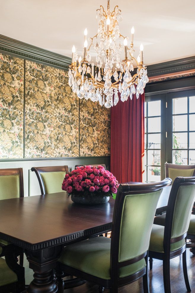 Green Wainscot Floral Wallpaper And Dark Wood Dining - Dining Room - HD Wallpaper 