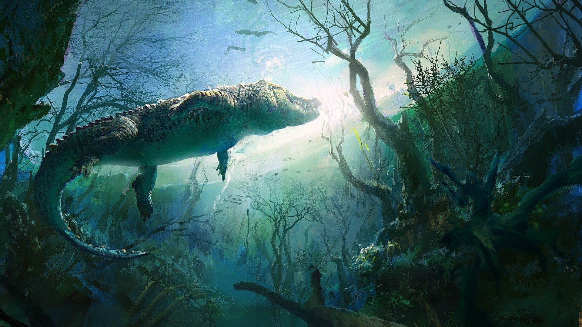 Nature, Animals, Digital Art, Underwater, Crocodiles, - Art Underwater Plants - HD Wallpaper 